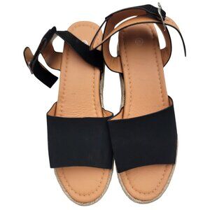 Womans 8.5 Sandals Black Ankle Strap Buckle Closure & Woven Jute Sole EU 39 New